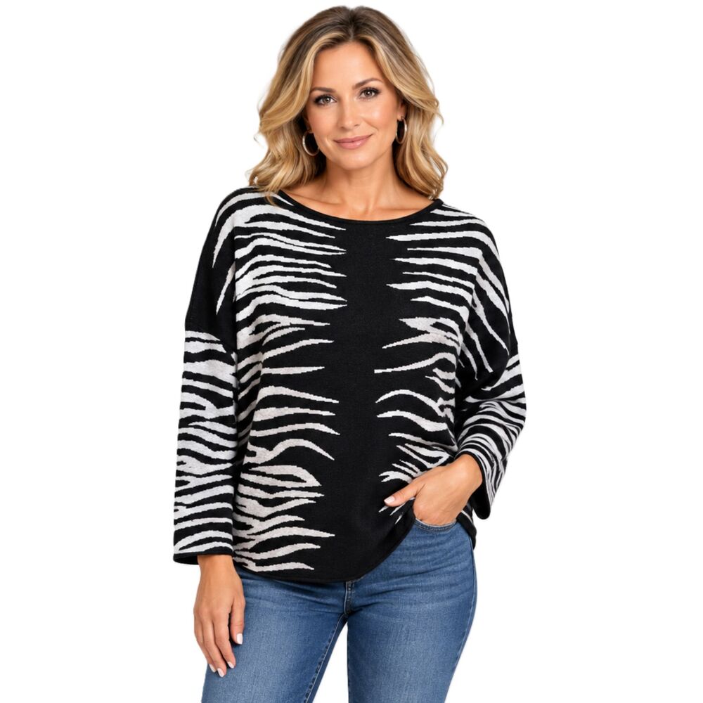 Greige Zebra Animal Print Jacquard Dolman Sleeve Sweater Black M NWT